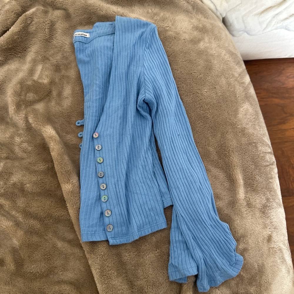 Reformation blue Gellar cropped ribbed cardigan